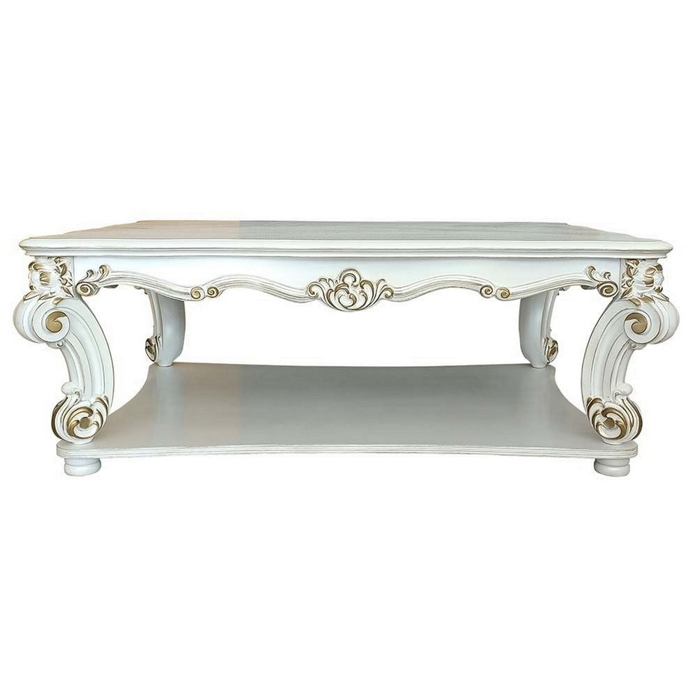 Jess 58 Inch Coffee Table Traditional Scrolled Legs White Brushed Gold By Casagear Home BM309420