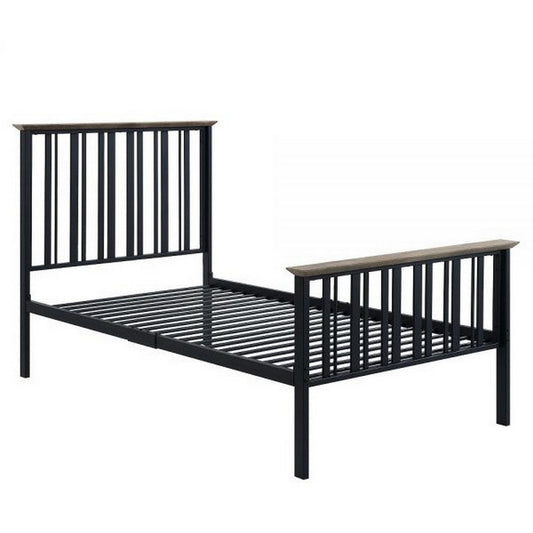 Nori Twin Bed with Slatted Metal Frame, MDF, Antique Oak Brown and Black By Casagear Home