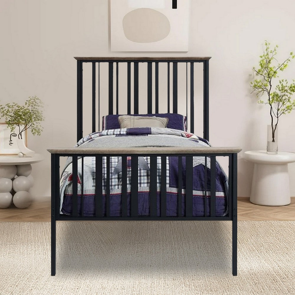 Nori Twin Bed with Slatted Metal Frame MDF Antique Oak Brown and Black By Casagear Home BM309434