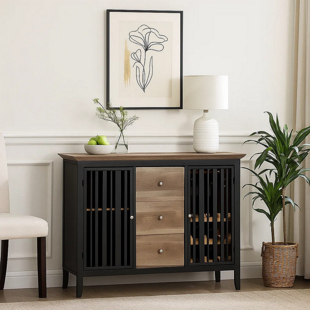 Nori 47 Inch Sideboard Buffet, 3 Drawers, Antique Oak Brown and Black  By Casagear Home