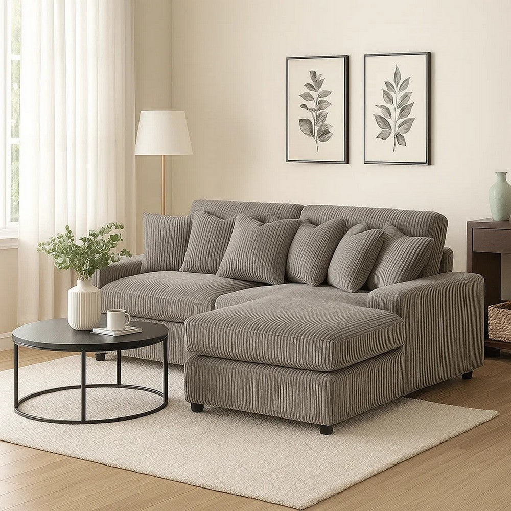 84 Inch Sectional Sofa, 6 Pillows, L Shape, Corduroy Upholstery, Gray By Casagear Home
