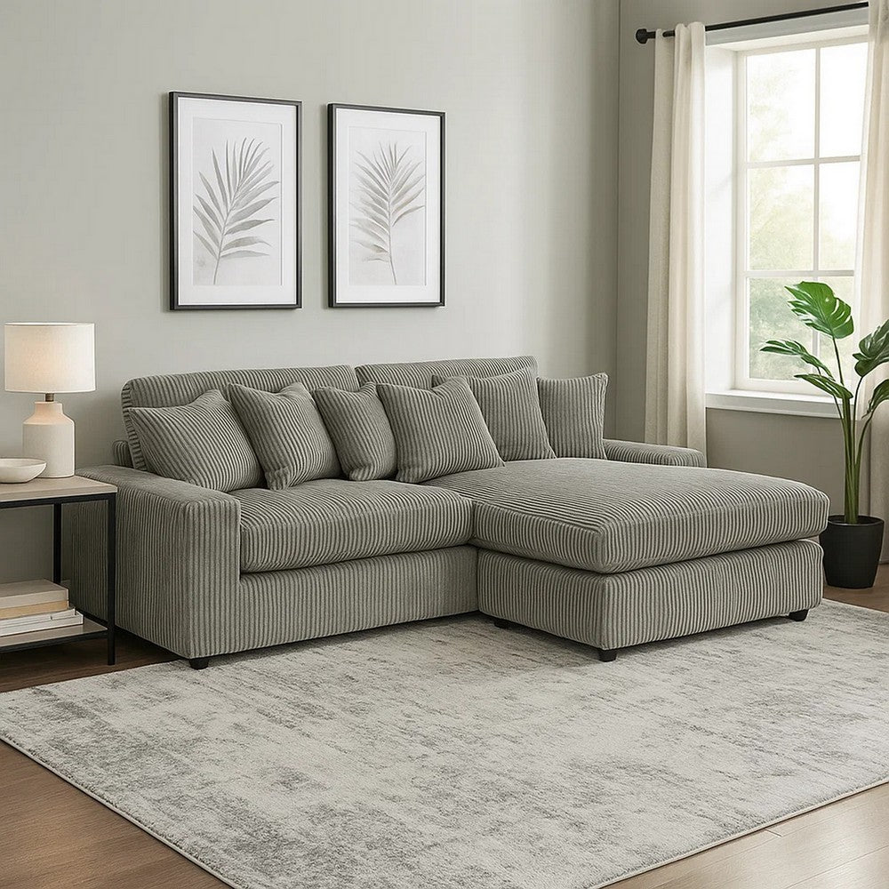 84 Inch Sectional Sofa, 6 Pillows, L Shape, Corduroy Upholstery, Gray By Casagear Home