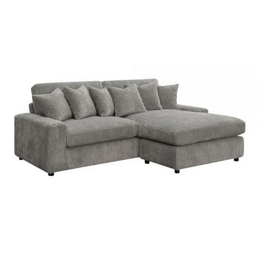 84 Inch Sectional Sofa, 6 Pillows, L Shape, Corduroy Upholstery, Gray By Casagear Home