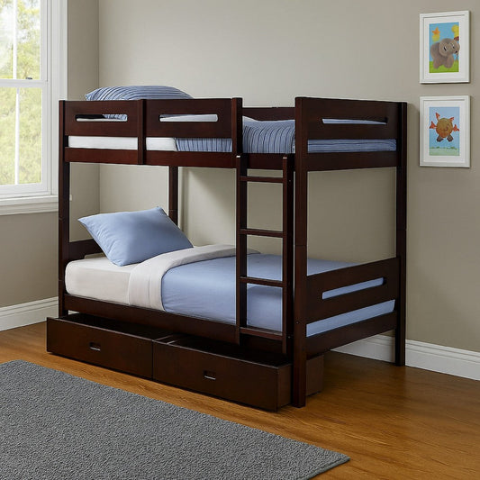 Asin Twin Bunk Bed, Front Facing Ladder, Storage, Solid Pine Wood, Brown By Casagear Home
