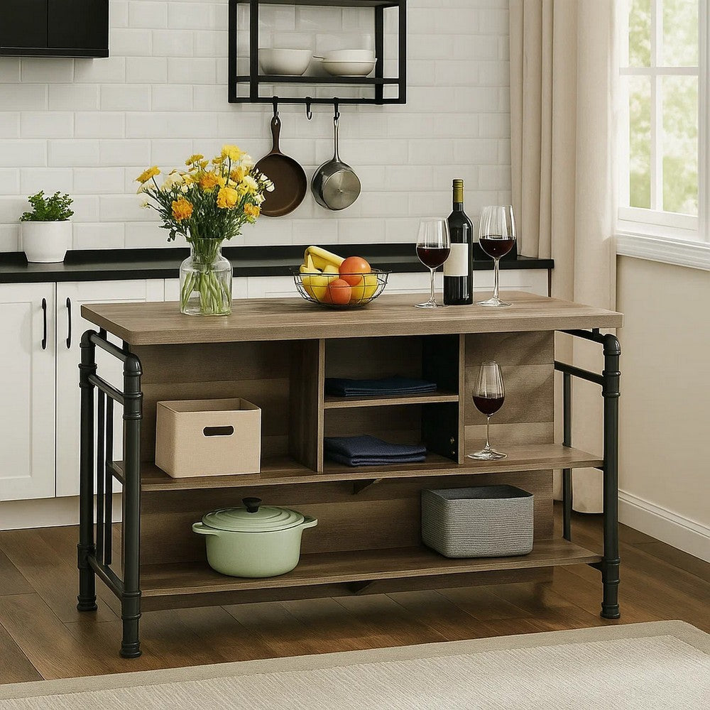 59 Inch Kitchen Island with 2 Shelves, Industrial Antique Oak Brown, Gray By Casagear Home
