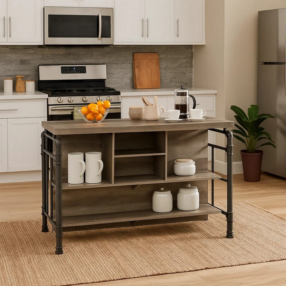 59 Inch Kitchen Island with 2 Shelves, Industrial Antique Oak Brown, Gray By Casagear Home