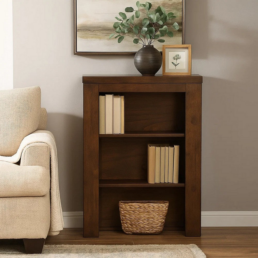 Maryl 26 Inch Pier Bookcase with 2 Shelves, Solid Wood, Antique Oak Brown  By Casagear Home