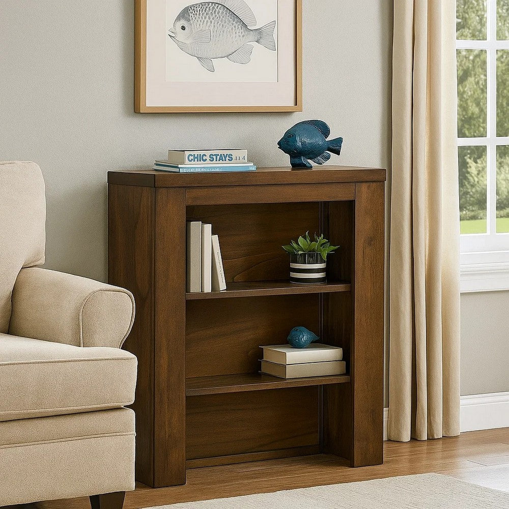 Maryl 26 Inch Pier Bookcase with 2 Shelves, Solid Wood, Antique Oak Brown  By Casagear Home