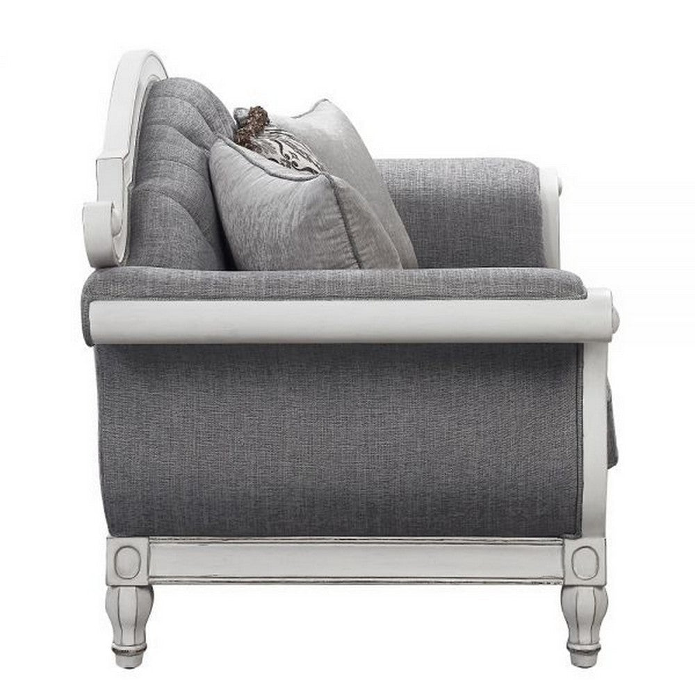 Fil 71 Inch Loveseat with 3 Pillows Fabric Upholstery Poplar Wood Gray By Casagear Home BM309469