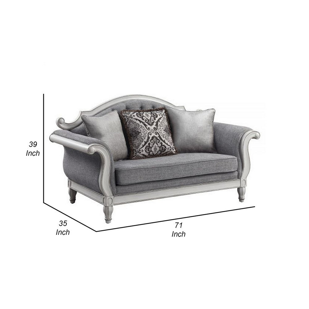 Fil 71 Inch Loveseat with 3 Pillows Fabric Upholstery Poplar Wood Gray By Casagear Home BM309469