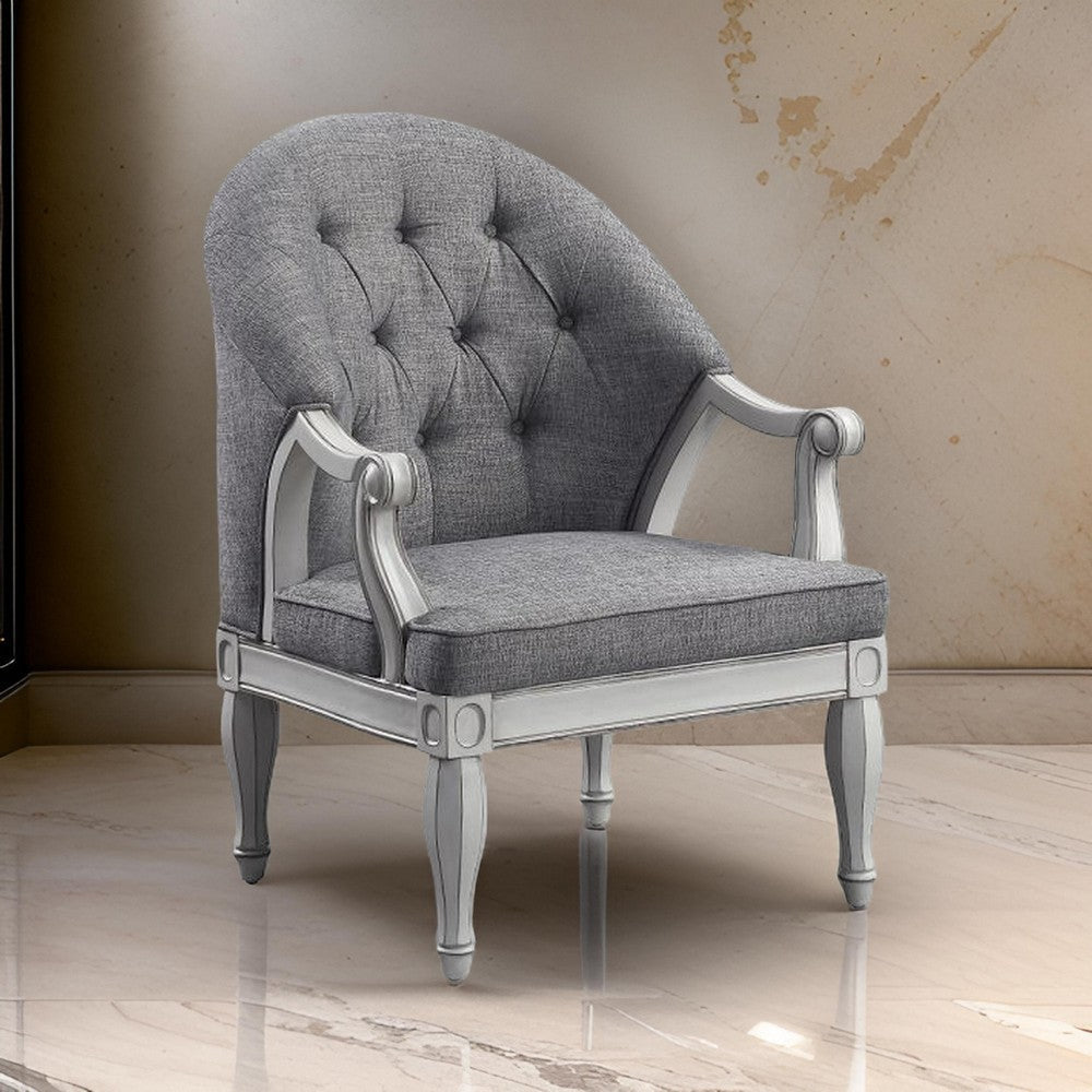 Fil 32 Inch Armchair, Tufted Backrest, Fabric Upholstery, Poplar Wood, Gray By Casagear Home