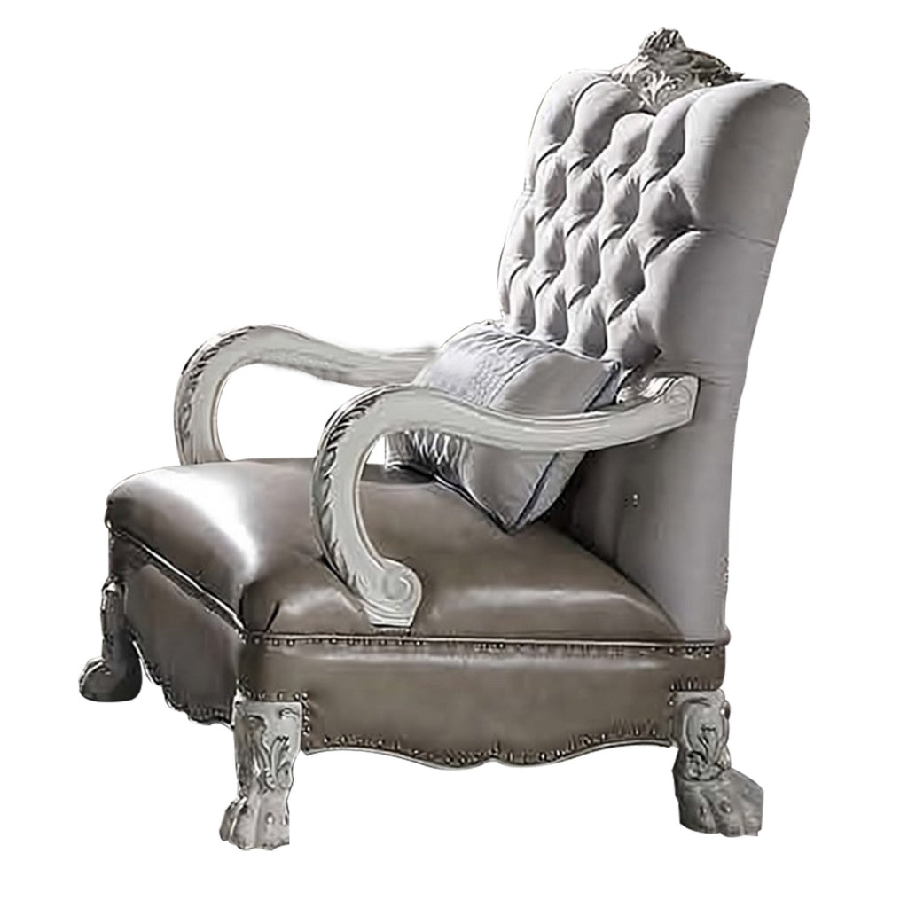 35 Inch Ornate Chair with Pillow Carved Button Tufted Back White Velvet By Casagear Home BM309474