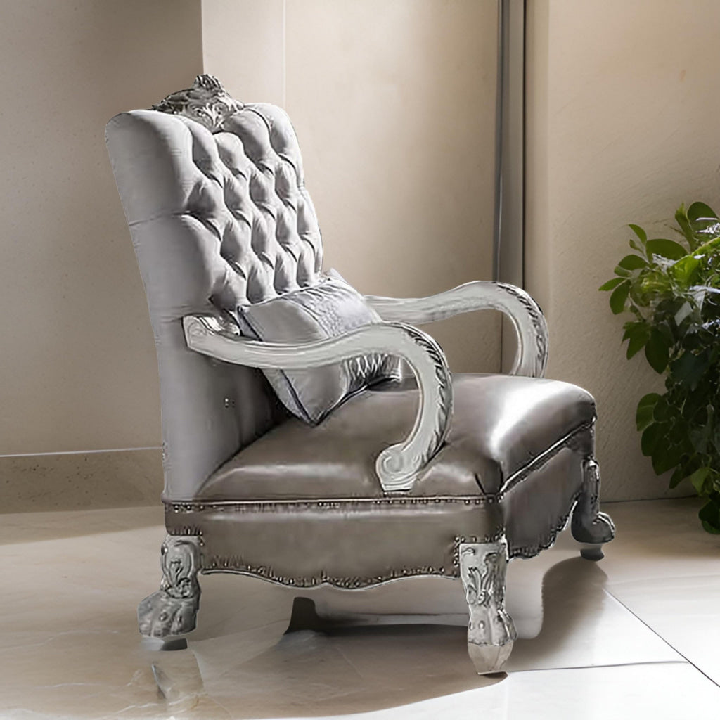 35 Inch Ornate Chair with Pillow, Carved Button Tufted Back, White Velvet By Casagear Home