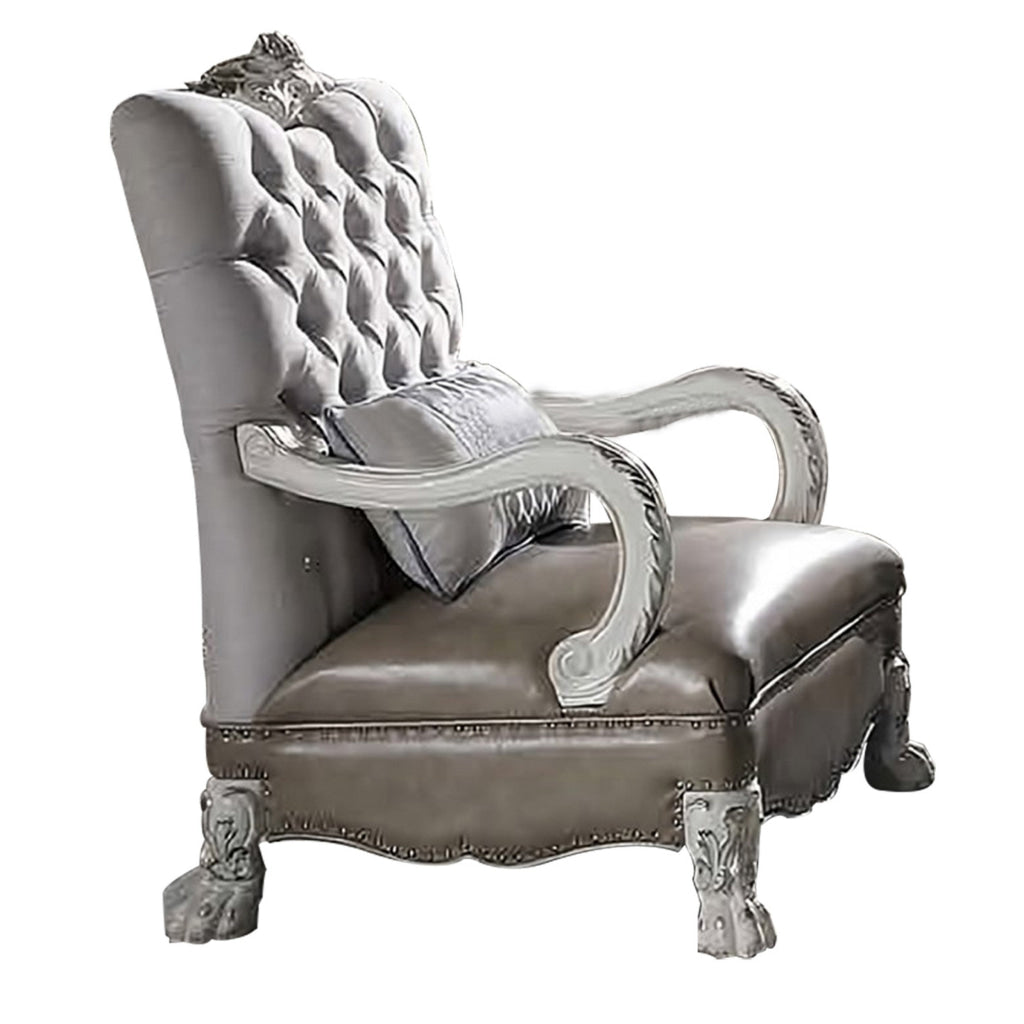 35 Inch Ornate Chair with Pillow Carved Button Tufted Back White Velvet By Casagear Home BM309474