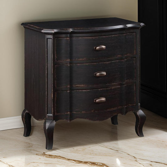 Cherry 30 Inch Nightstand, 3 Drawers, Cabriole Legs, Rubberwood, Black By Casagear Home