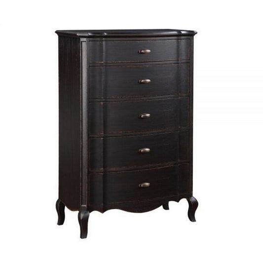 Cherry 38 Inch Tall Dresser Chest, 5 Drawer, Cabriole Legs Black Rubberwood By Casagear Home