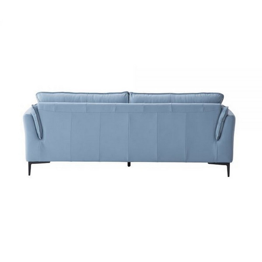 Miles 89 Inch Sofa with Padded Armrest Genuine Leather Light Blue Black By Casagear Home BM309479