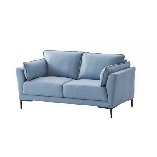 Miles 68 Inch Loveseat with Padded Armrest, Genuine Leather, Blue and Black By Casagear Home