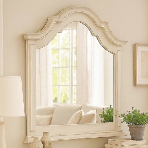 Maia 43 x 46 Dresser Mirror with Curved Top, Poplar and Oak, Antique White By Casagear Home