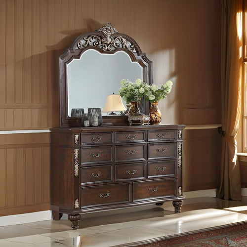 Liana 54 Inch Dresser Mirror, Crown Carvings, Wood, Gold Tone Scrolling By Casagear Home