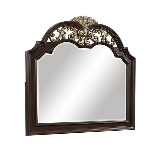 Liana 54 Inch Dresser Mirror, Crown Carvings, Wood, Gold Tone Scrolling By Casagear Home