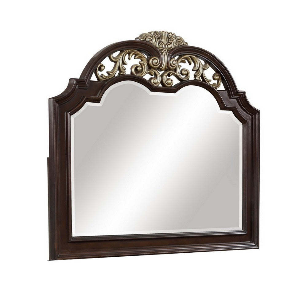 Liana 54 Inch Dresser Mirror Crown Carvings Wood Gold Tone Scrolling By Casagear Home BM309488
