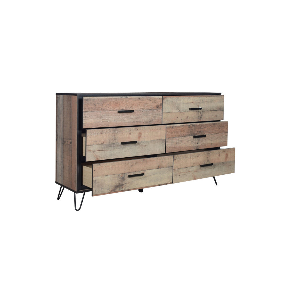 Lala 58 Inch Dresser 6 Drawers Black Handles Rustic Brown Wood Finish By Casagear Home BM309491