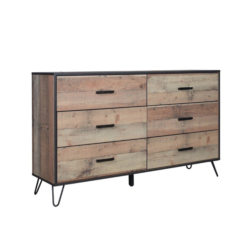 Lala 58 Inch Dresser, 6 Drawers, Black Handles, Rustic Brown Wood Finish By Casagear Home