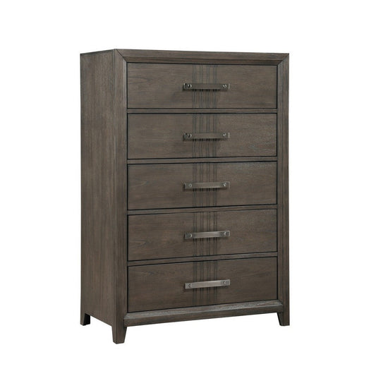 Wali 51 Inch Tall Dresser Chest, 5 Drawer, Black Handles, Walnut Brown By Casagear Home