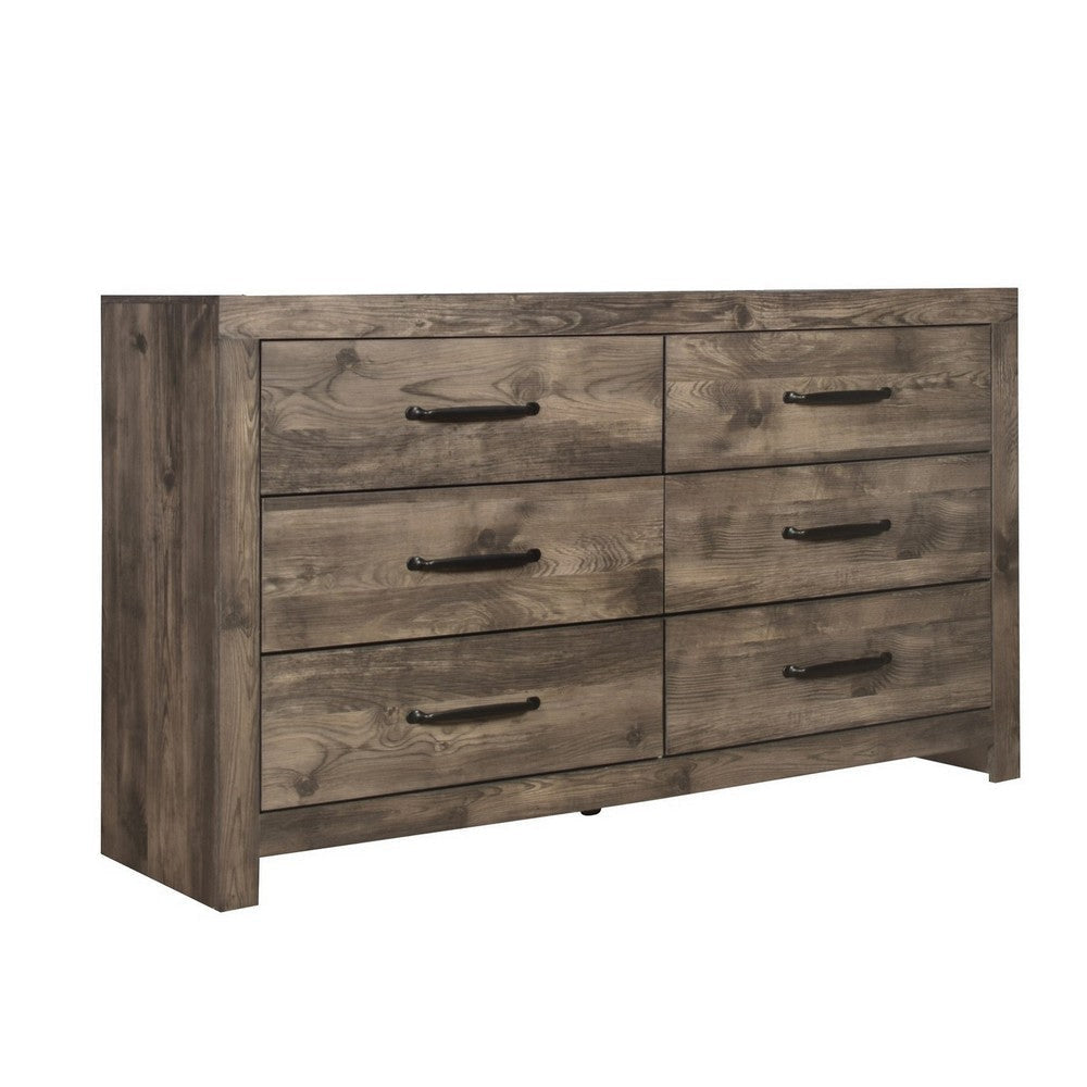 Ent 59 Inch Dresser, 6 Drawers with Black Handles, Greige Brown Finish  By Casagear Home