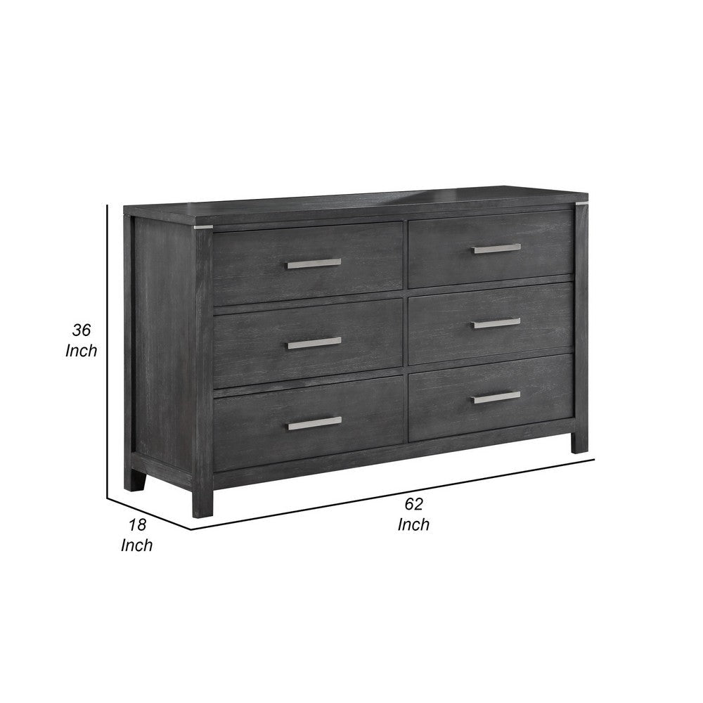 Tal 62 Inch Dresser 6 Drawers with Chrome Handles Charcoal Gray Finish By Casagear Home BM309500