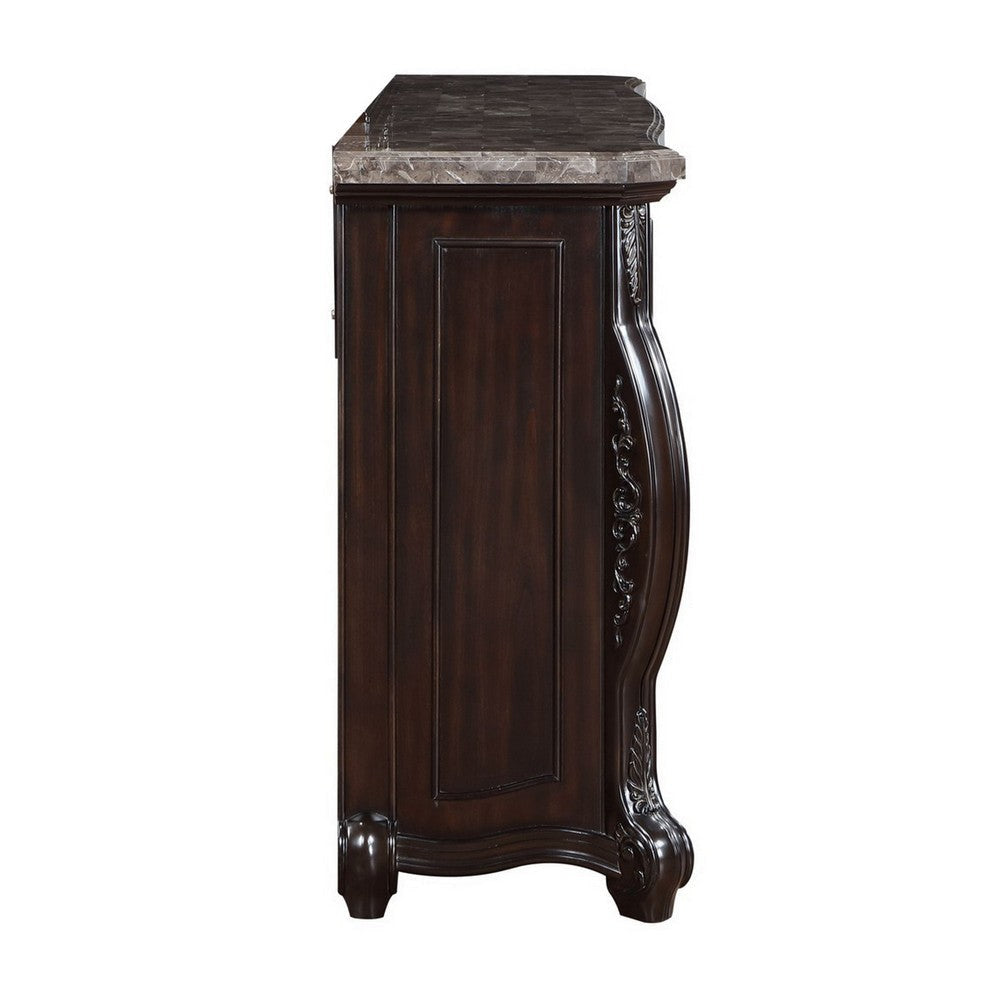 Faya 68 Inch Wide Dresser 9 Drawers Marble Top Carved Walnut Brown Wood By Casagear Home BM309507