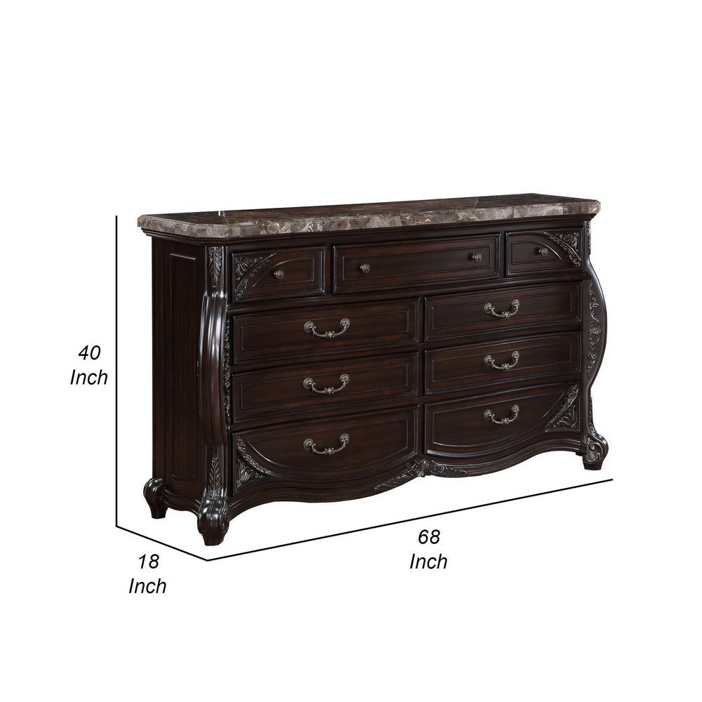 Faya 68 Inch Wide Dresser 9 Drawers Marble Top Carved Walnut Brown Wood By Casagear Home BM309507