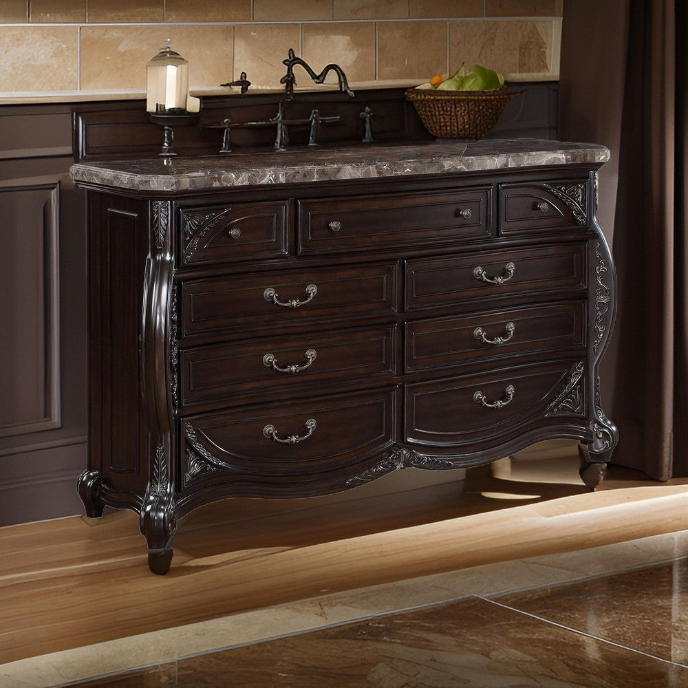 Faya 68 Inch Wide Dresser 9 Drawers Marble Top Carved Walnut Brown Wood By Casagear Home BM309507