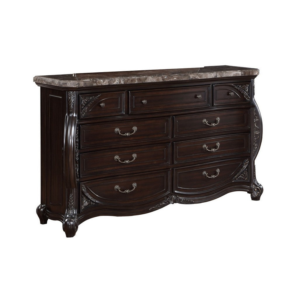 Faya 68 Inch Wide Dresser, 9 Drawers, Marble Top, Carved Walnut Brown Wood By Casagear Home