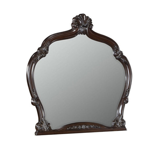 Faya 47 x 50 Dresser Mirror, Traditional, Floral Carved Walnut Brown Wood By Casagear Home