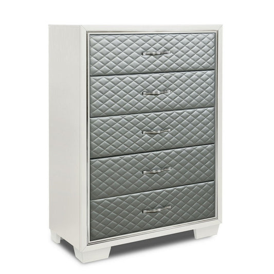 Inna 54 Inch Tall Dresser Chest, 5 Drawers, Silver Upholstery on White Wood By Casagear Home