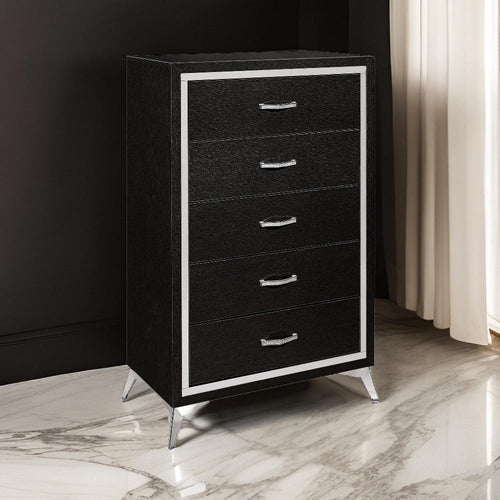 Sami 49 Inch Tall Dresser, 5 Drawers, Mirror Trim, Embossed Texture, Black By Casagear Home