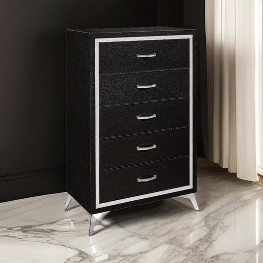 Sami 49 Inch Tall Dresser, 5 Drawers, Mirror Trim, Embossed Texture, Black By Casagear Home