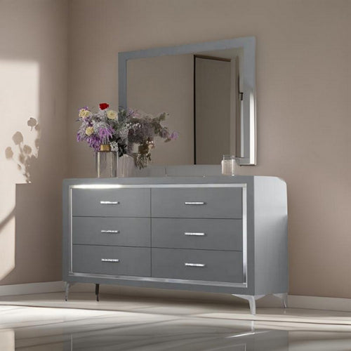Sami 40 x 40 Dresser Mirror, Embossed Texture, Modern Style, Gray Wood  By Casagear Home