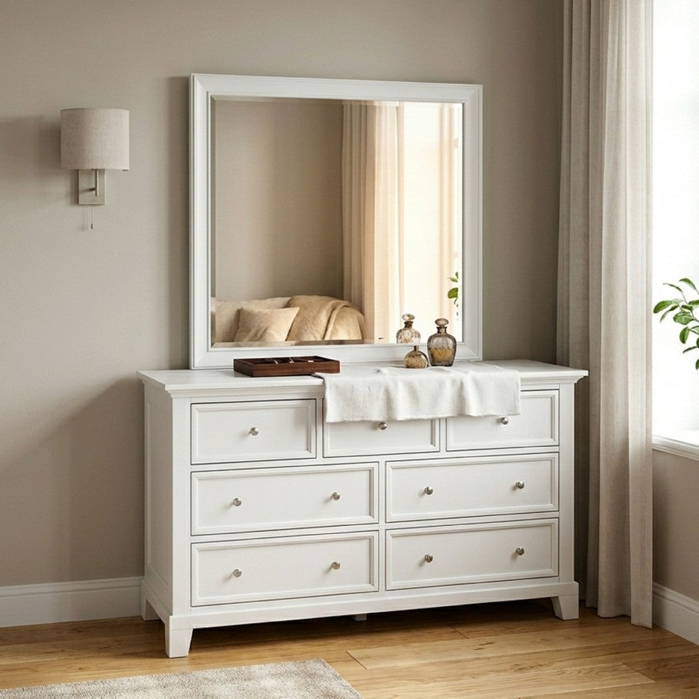 Limi 37 x 43 Dresser Mirror, Modern Wood Frame, White Brushed Finish By Casagear Home