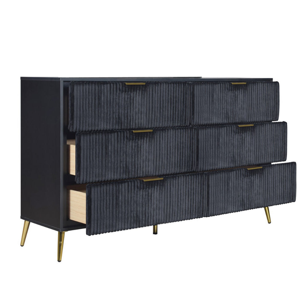 Moko 58 Inch Wide Dresser 6 Soft Upholstered Drawers Black Gold By Casagear Home BM309528