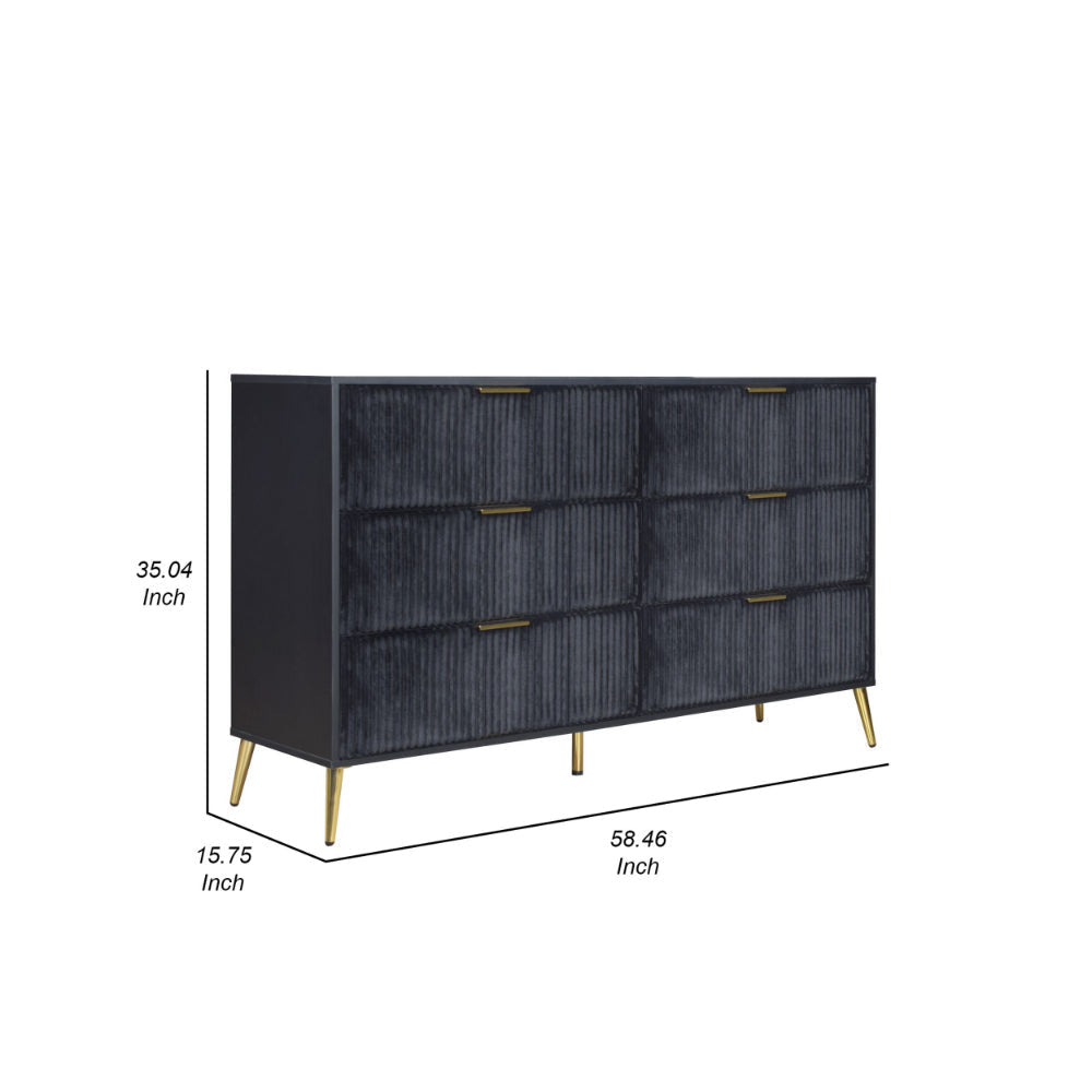 Moko 58 Inch Wide Dresser 6 Soft Upholstered Drawers Black Gold By Casagear Home BM309528