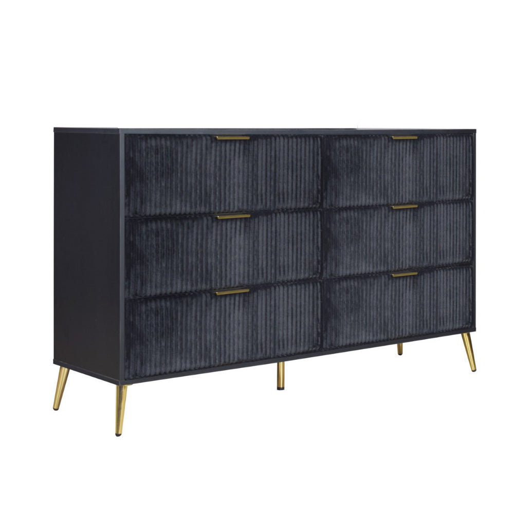 Moko 58 Inch Wide Dresser, 6 Soft Upholstered Drawers, Black, Gold By Casagear Home