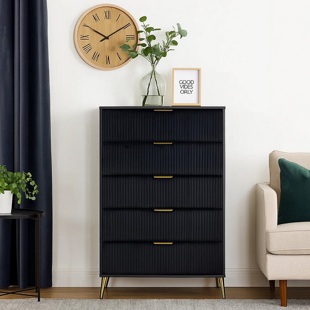 Moko 51 Inch Tall Dresser, 5 Soft Upholstered Drawers, Black, Gold By Casagear Home