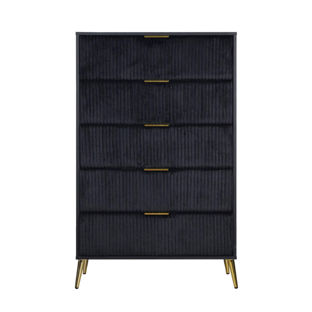 Moko 51 Inch Tall Dresser, 5 Soft Upholstered Drawers, Black, Gold By Casagear Home