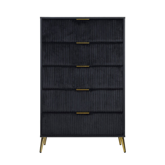 Moko 51 Inch Tall Dresser, 5 Soft Upholstered Drawers, Black, Gold By Casagear Home