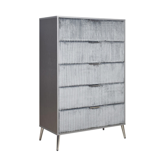 Moko 51 Inch Tall Dresser, 5 Fabirc Upholstered Drawers, Gray, Nickel By Casagear Home