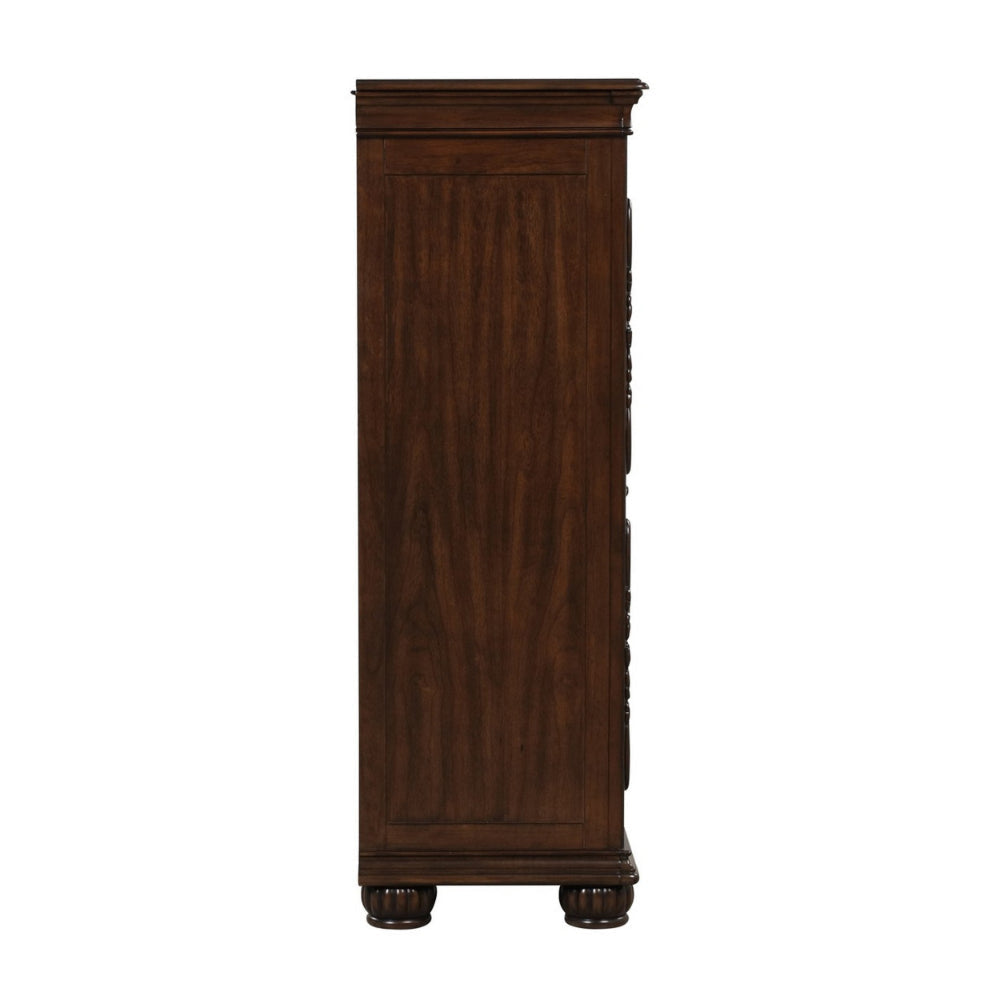 Akil 54 Inch Tall Dresser with 5 Drawers Floral Carved Cherry Brown Wood By Casagear Home BM309535