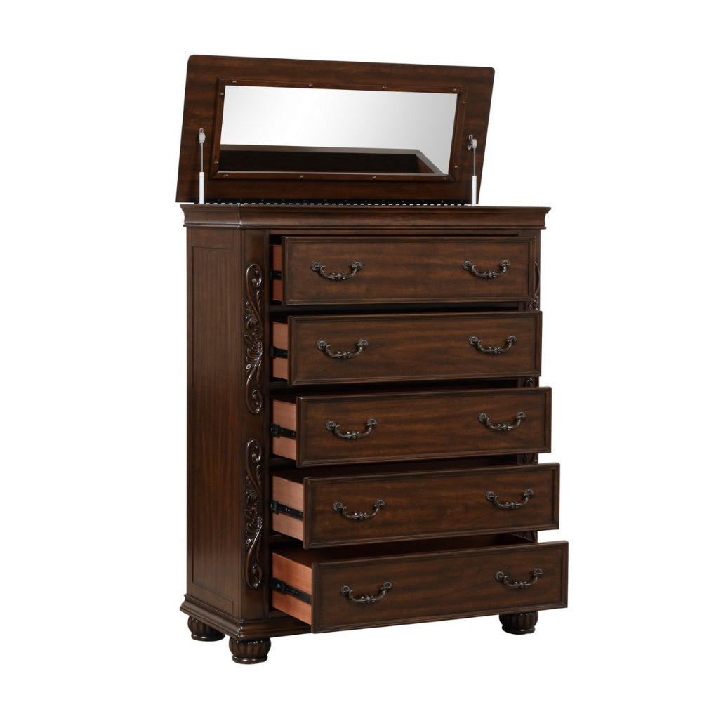 Akil 54 Inch Tall Dresser with 5 Drawers Floral Carved Cherry Brown Wood By Casagear Home BM309535